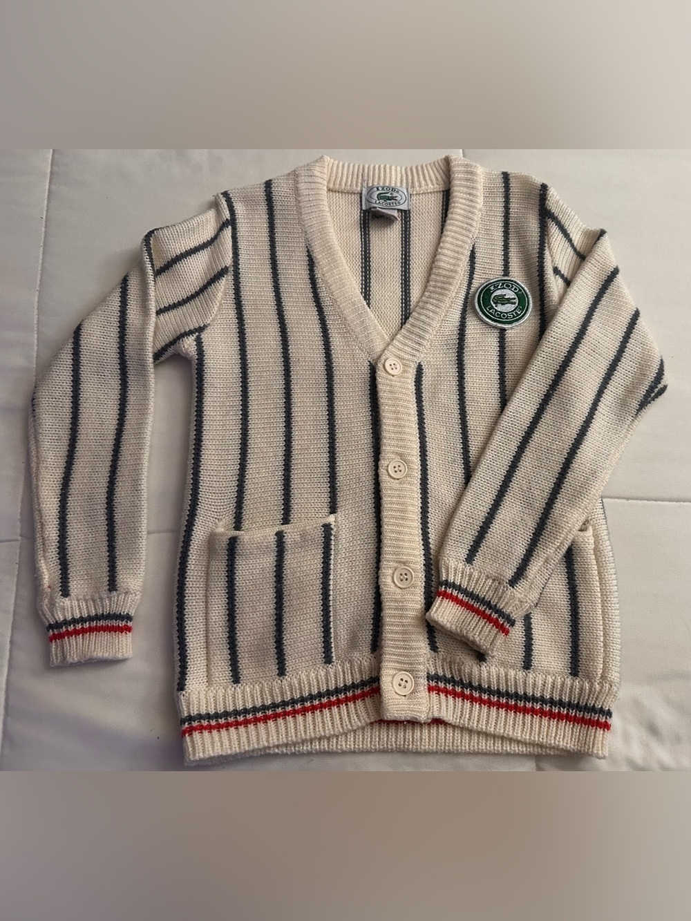 Kids Lacoste Cream Cardigan with Navy Stripes and Red Trim